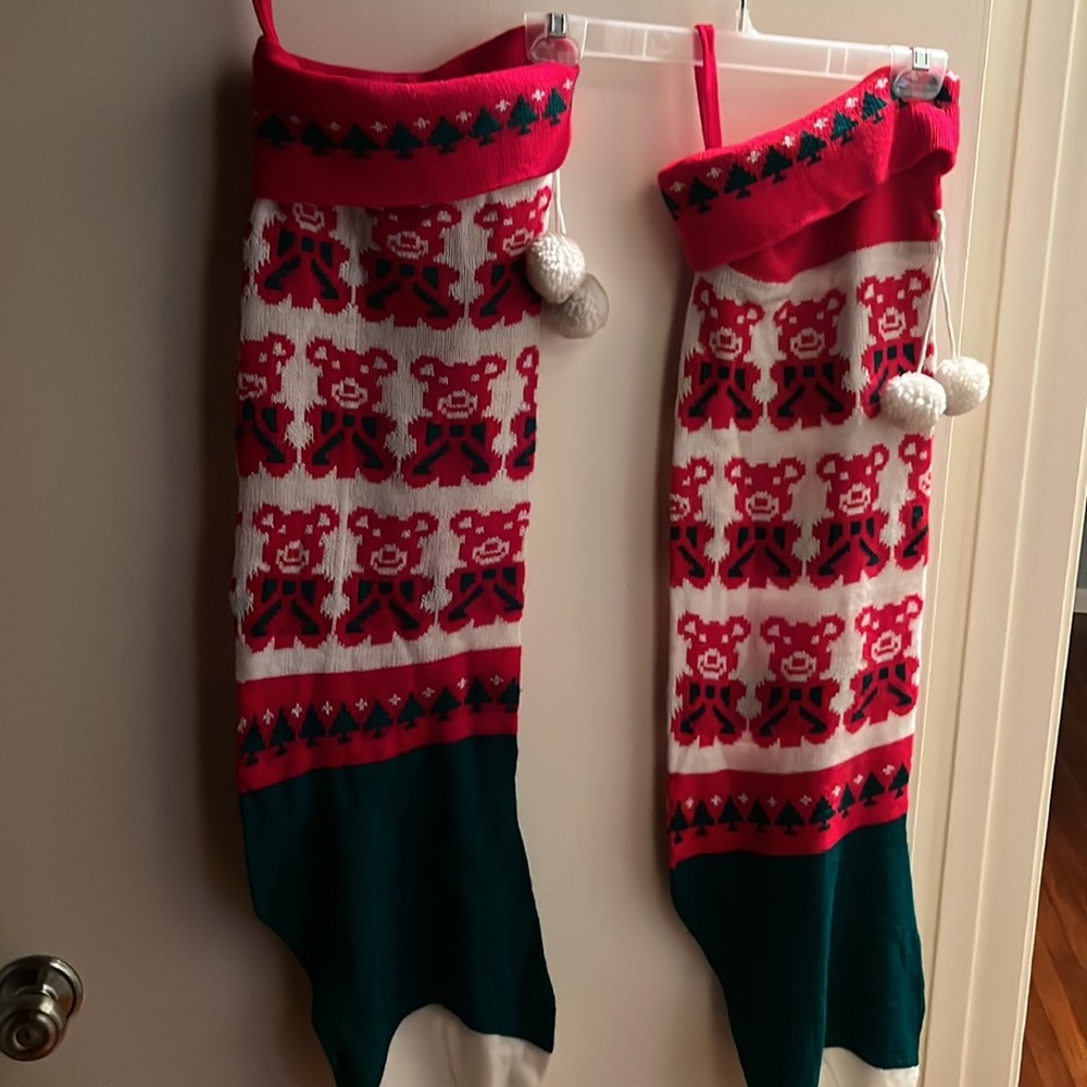 Christmas stockings 34” x 9” w Red bears, green red white vintage 2